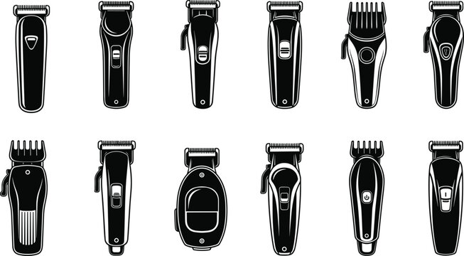 Vector icon set of electric hair clippers and beard trimmers in black silhouette style, professional barber tools for grooming.