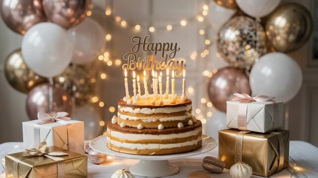 Elegant two tiered naked birthday cake with lit candles and topper surrounded by gifts and