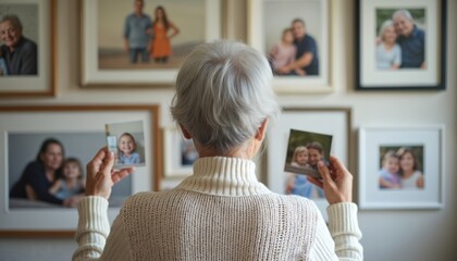 Elderly woman holds two small photos looking at wall gallery of framed family portraits. Senior lady with white hair reflects on memories, past generations of loved ones. Cherished moments displayed