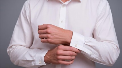 Close-up of a man's hands adjusting his cufflinks. he is wearing a white button-down shirt with a collar and long sleeves. the background is a plain grey color.
