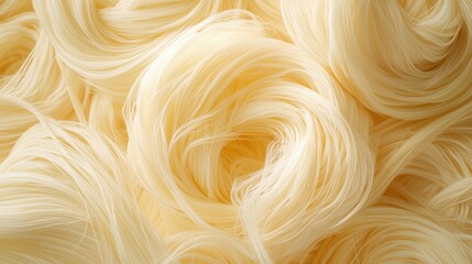A close-up view of a pile of light yellow, curly hair.