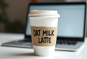 Oat milk latte on table next to laptop computer
