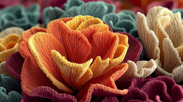 Vibrant colorful fabric flowers arrangement close-up.