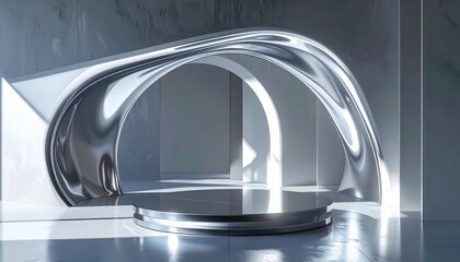 Polished chrome archway framing a minimalist circular platform