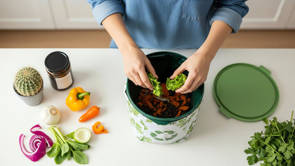 Woman composting vegetable scraps in kitchen with fresh ingredients  