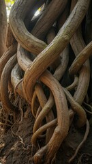 Macro view of intertwined tree roots with moss gnarled