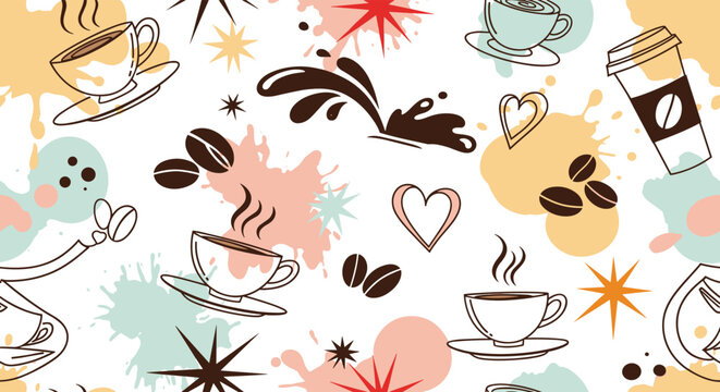 Seamless pattern background with hand-drawn coffee cups, coffee beans, and hearts mixed with colorful abstract paint splatters for a cafe theme.
