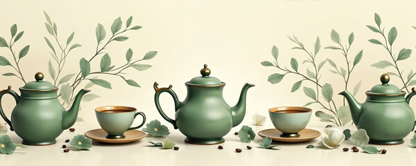 Green teapots and cups on saucers with sprigs of leaves behind. Coffee beans and decorative flowers scattered on the surface. A minimalist elegant design perfect for cafe ads.