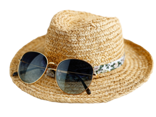 Stylish straw hat with sunglasses for summer.