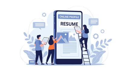 Business concept of people creating an online profile and digital resume on a giant smartphone for job searching and career development.