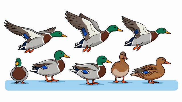 Collection of mallard ducks in flight and on ground, with one female duck