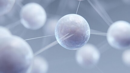 Group of white spheres floating in the air. the spheres are of different sizes and shapes, and they are connected by thin white lines that form a network-like pattern.