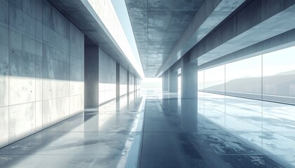 Modern concrete corridor, illuminated, with large windows and a bright end view
