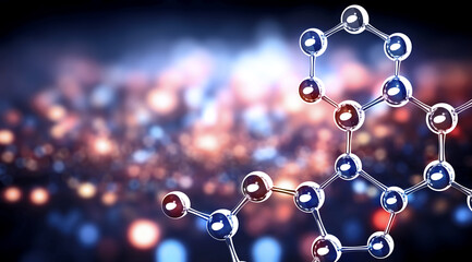 Vertical or horizontal banner with model of abstract molecular structure. Background of blue color with glass atom model. Copy space for your text. 3d render