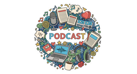 A circular collage of colorful doodles related to podcasting, including a microphone, laptop, headphones, and notebooks, with the word 'Podcast'.
