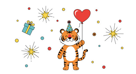 Fototapeta premium A cute cartoon tiger wearing a party hat and holding a red heart-shaped balloon, celebrating a birthday with confetti, gifts, and sparklers.
