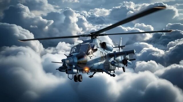 Powerful armed military helicopter flying dynamically through dramatic clouds at high alti