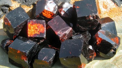 A close up view of a cluster of dark volcanic obsidian shards exhibiting sharp edges and natural reflective surfaces with internal orange and red highlights