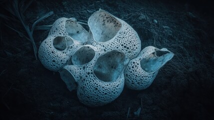 A close up view of a cluster of porous marine sponges with intricate delicate structures and organic patterns on the ocean floor