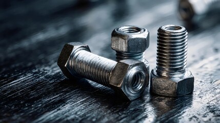 Close-up of shiny metallic nuts and bolts on a dark textured surface, creating an industrial aesthetic.