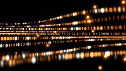 An abstract digital representation showcasing flowing binary code, symbolizing data processing and information technology, illuminated by streaks of light against a dark background - Powered by Adobe