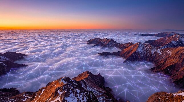 Mountain Landscape with Surreal Geometric Cloud Formations - Powered by Adobe