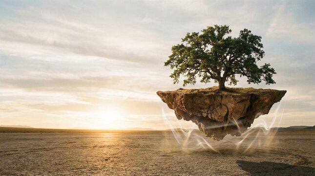 Surreal Floating Island with Lush Tree Over Desert Landscape