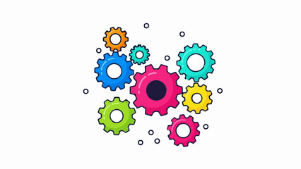 Colorful gears interlock and rotate on a clean white background