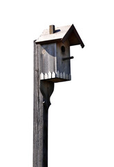 Hand-made wooden birdhouse. Concept of welcoming ambiance for feathered friends. Home or gardening decor, nature-themed project. Wood nesting box. Isolated on white background