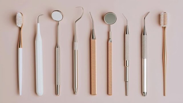Aesthetic dental work concept, minimal dental tools arranged neatly, white and soft beige color palette, bright clinical lighting, clean and elegant composition
