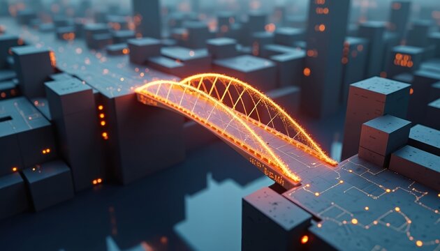 Digital bridge connects city blocks with glowing orange light. Futuristic urban landscape shows network grid and data flow. Concept for tech progress and smart cities.