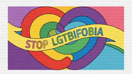 Colorful abstract heart with a banner proclaiming "STOP LGTBIFOBIA" against a brick wall