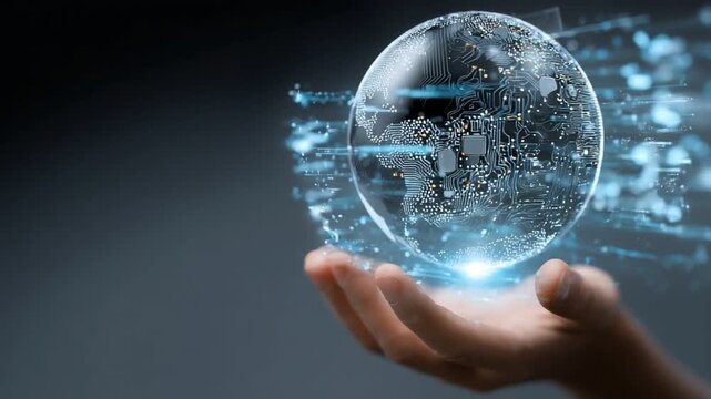 A hand holds a floating, translucent globe filled with digital data