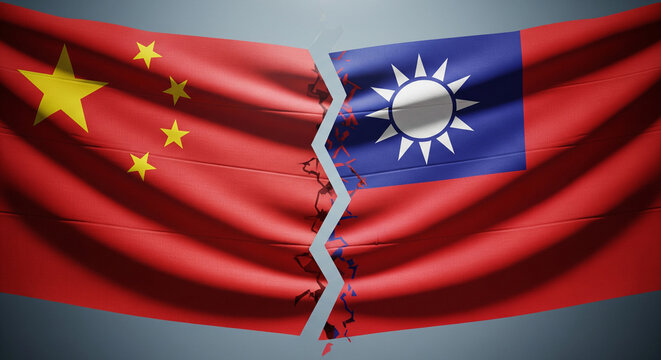 China and Taiwan flags torn apart, symbolizing conflict and tension