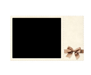 Nostalgic scrapbooking template with moodboard photoframe in romantic style. Retro photo frame with linen bow for scrapbooking. Vintage style mood board layout. Isolated on white background