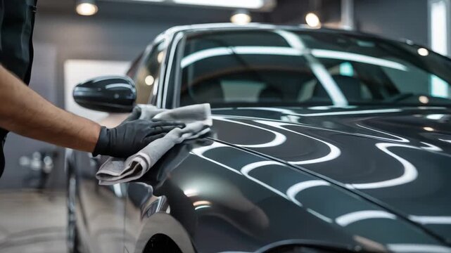 Professional car detailer carefully polishing a dark grey luxury car with a cloth in a bri