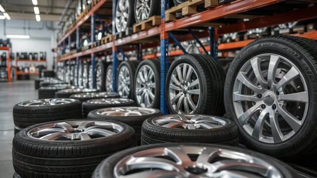 Many new car tires with stylish alloy wheels neatly stored in a brightly lit automotive wa