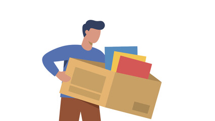 A cartoon man carrying a large cardboard box with colorful folders inside