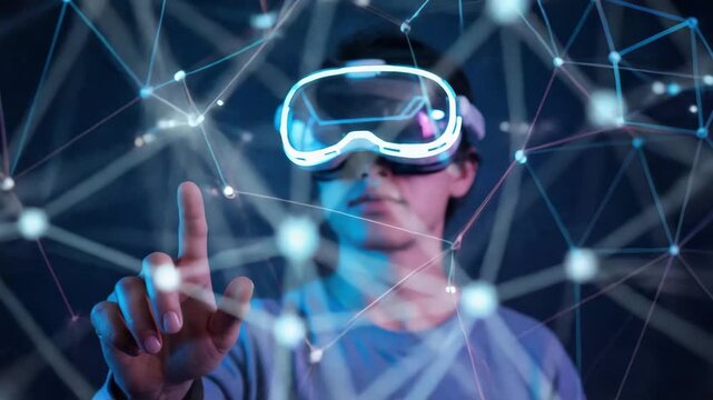 Youth with glowing VR headset interacts with futuristic digital network in dark virtual sp