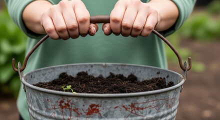 Person's hands carefully holding a metal bucket filled with soil and a small new plant, representing sustainable growth and nurturing life.