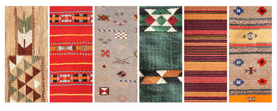 Set of vertical or horizontal banners with textures of berber traditional wool carpet with geometric pattern, Morocco, Africa. Handmade carpets collection. Oriental wool rugs with intricate designs