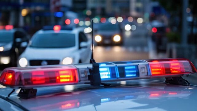 Police patrol car with flashing red and blue emergency lights on a busy urban street at ni