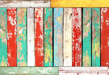 Texture of vintage wood board with cracked paint in various hues. Horizontal retro background with...