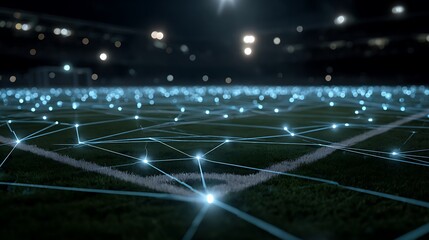 Glowing digital network overlaying a dimly lit, empty soccer field. Nighttime atmosphere