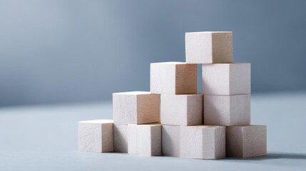 Obraz premium Stack of small wooden cubes arranged in a pyramid-like structure. the cubes are light beige in color and appear to be made of a smooth, polished wood.
