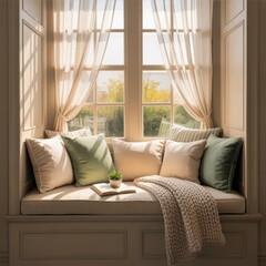 Fototapeta premium Cozy window seat with pillows and a book cushions blanket