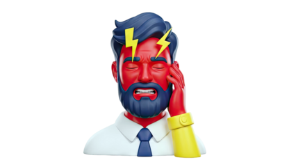 Man with Red Face and Lightning Bolts Experiencing Headache