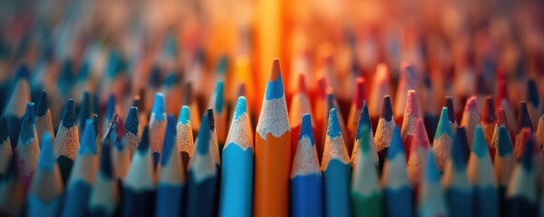 Obraz premium Collection of sharpened colored pencils, many blue, with one orange standout. Sharp tips create an abstract pattern. Focus on creativity tools, art supplies for drawing.