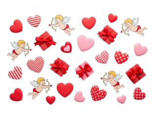Collection of valentines day themed stickers and icons isolated on transparent background