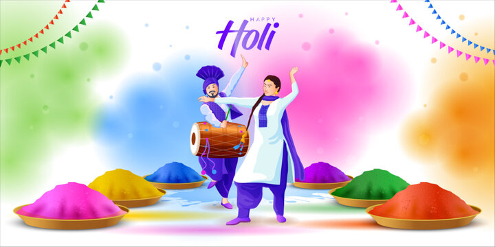Beautiful Holi festival vector illustration showing joyful couple dancing with dhol and soft colorful background. Perfect for greeting cards, banners, posters, invitations and digital media.